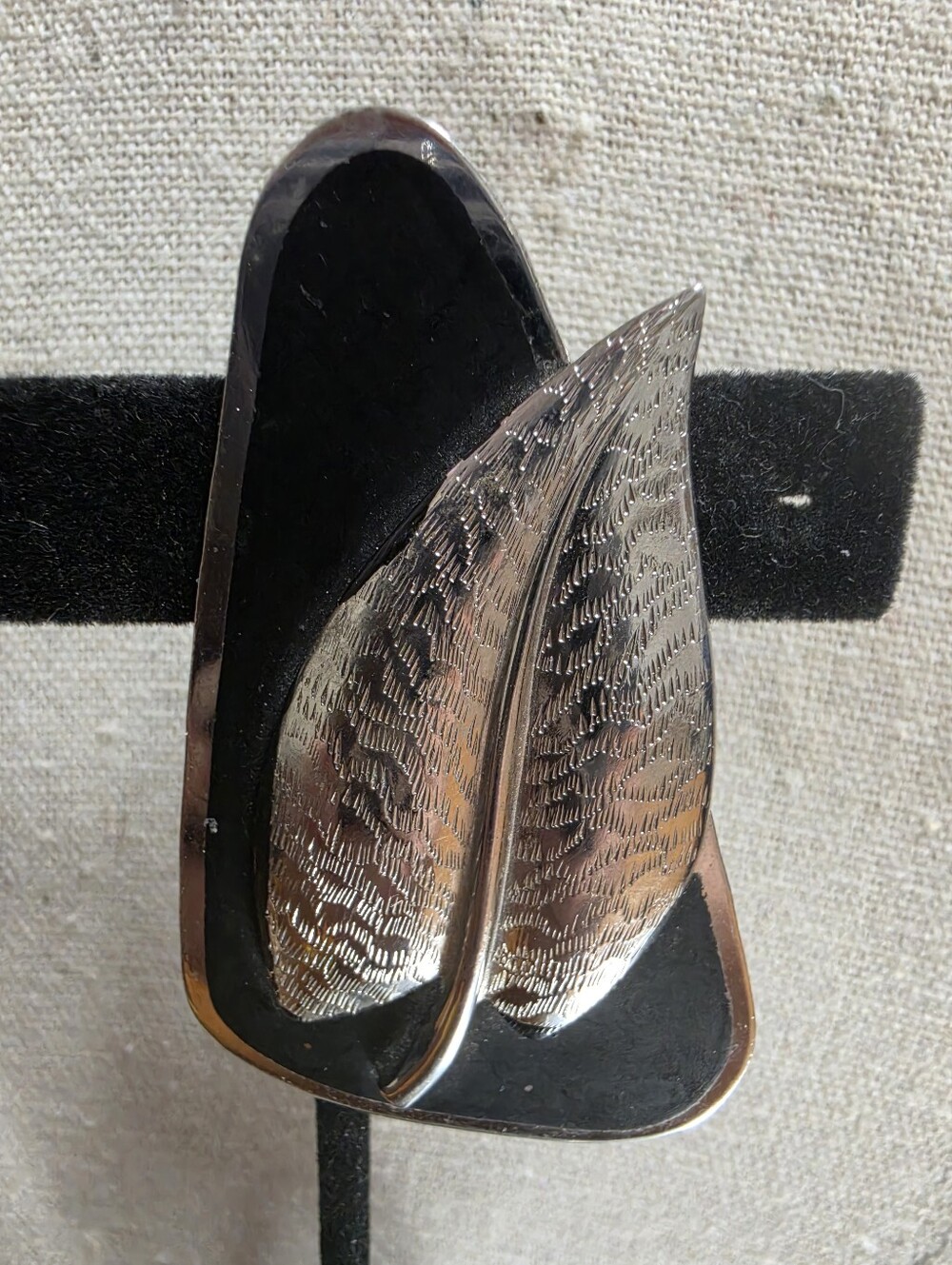 Vintage Mid Century Modernist Black Enamel Silver Tone Leaf  Brooch